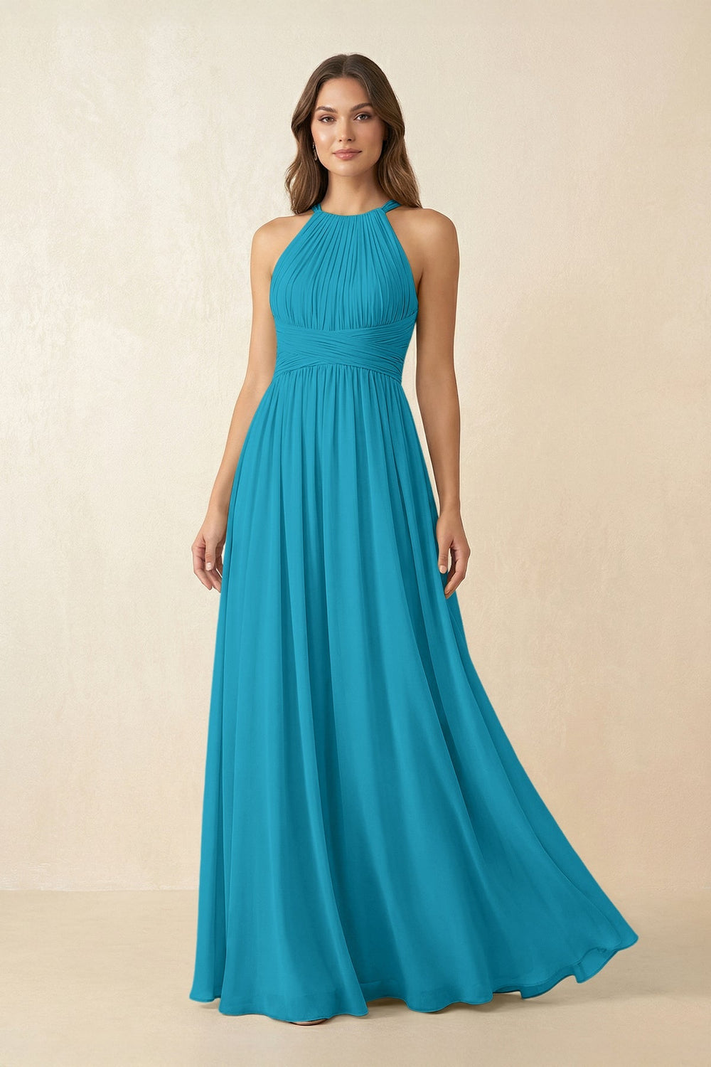 Halter Pleated A - Line Chiffon Bridesmaid Dress in Blue Jay - KissProm Bridesmaid Dresses