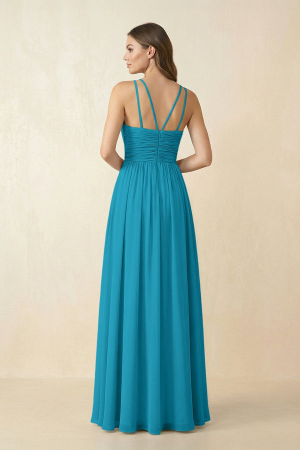 Halter Pleated A - Line Chiffon Bridesmaid Dress in Blue Jay - KissProm Bridesmaid Dresses