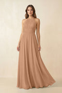 Halter Pleated A - Line Chiffon Bridesmaid Dress in Bronzer - KissProm Bridesmaid Dresses