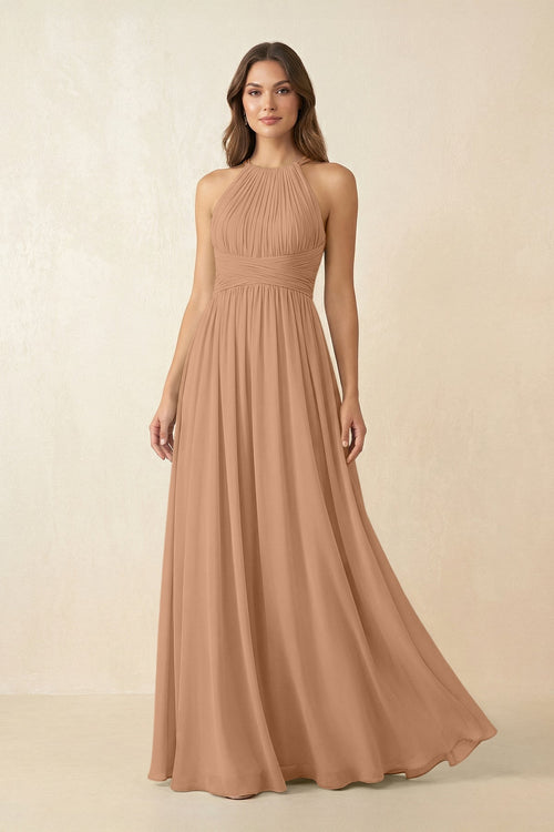 Halter Pleated A - Line Chiffon Bridesmaid Dress in Bronzer - KissProm Bridesmaid Dresses