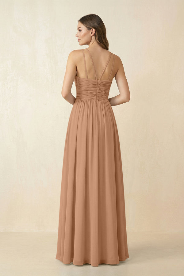 Halter Pleated A - Line Chiffon Bridesmaid Dress in Bronzer - KissProm Bridesmaid Dresses