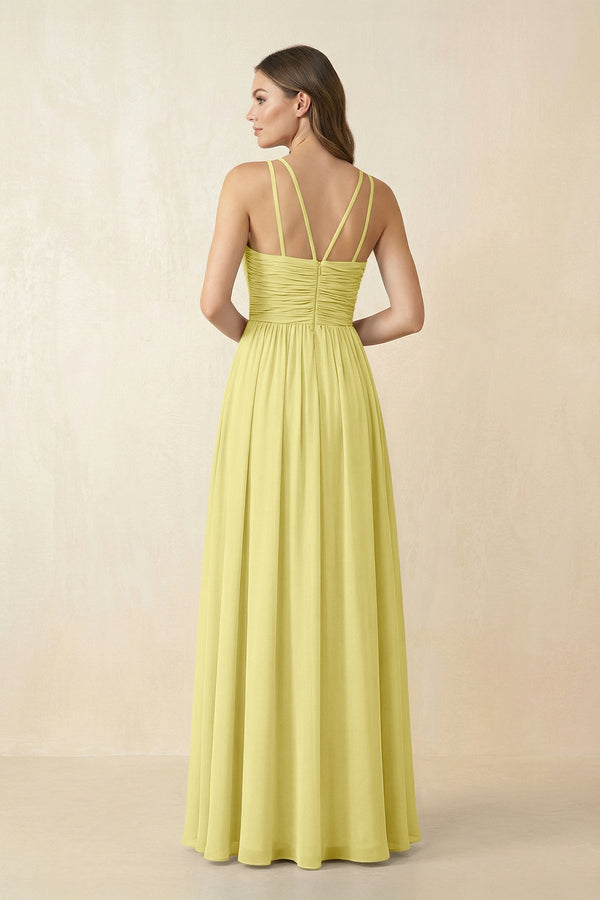 Halter Pleated A - Line Chiffon Bridesmaid Dress in Buttercup - KissProm Bridesmaid Dresses