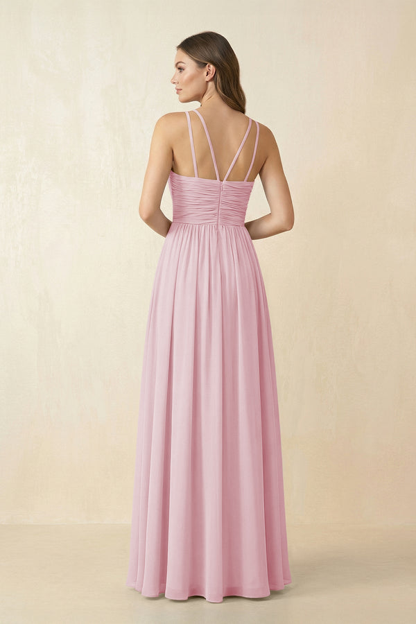 Halter Pleated A - Line Chiffon Bridesmaid Dress in Candy Pink - KissProm Bridesmaid Dresses