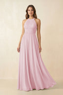 Halter Pleated A - Line Chiffon Bridesmaid Dress in Candy Pink - KissProm Bridesmaid Dresses