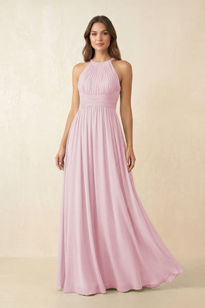 Halter Pleated A - Line Chiffon Bridesmaid Dress in Candy Pink - KissProm Bridesmaid Dresses