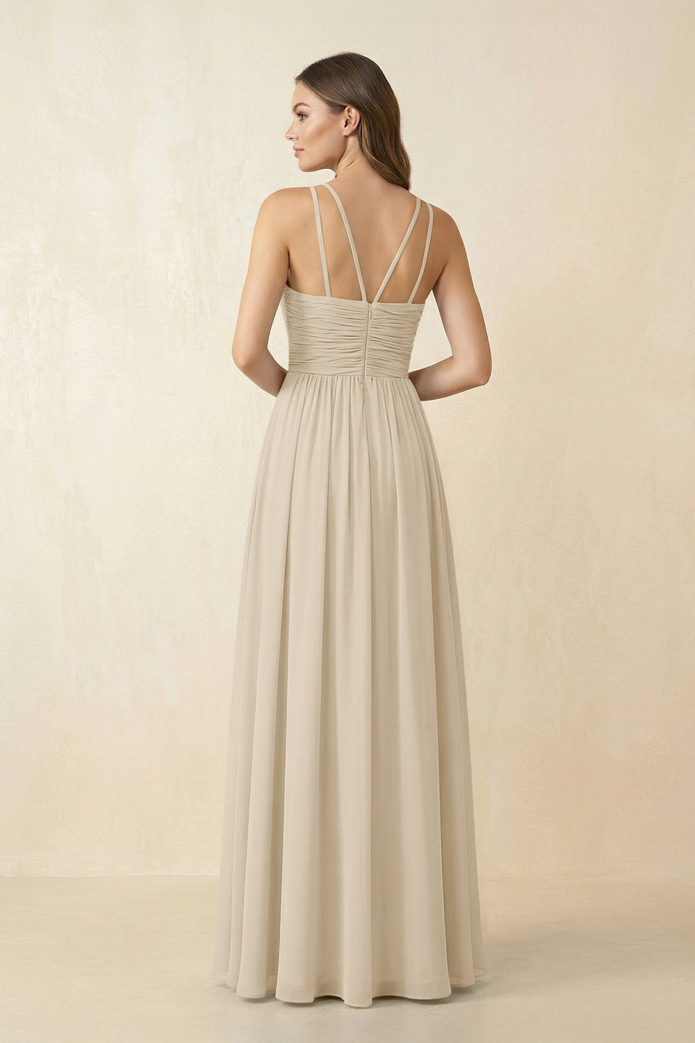 Halter Pleated A - Line Chiffon Bridesmaid Dress in Champagne - KissProm Bridesmaid Dresses