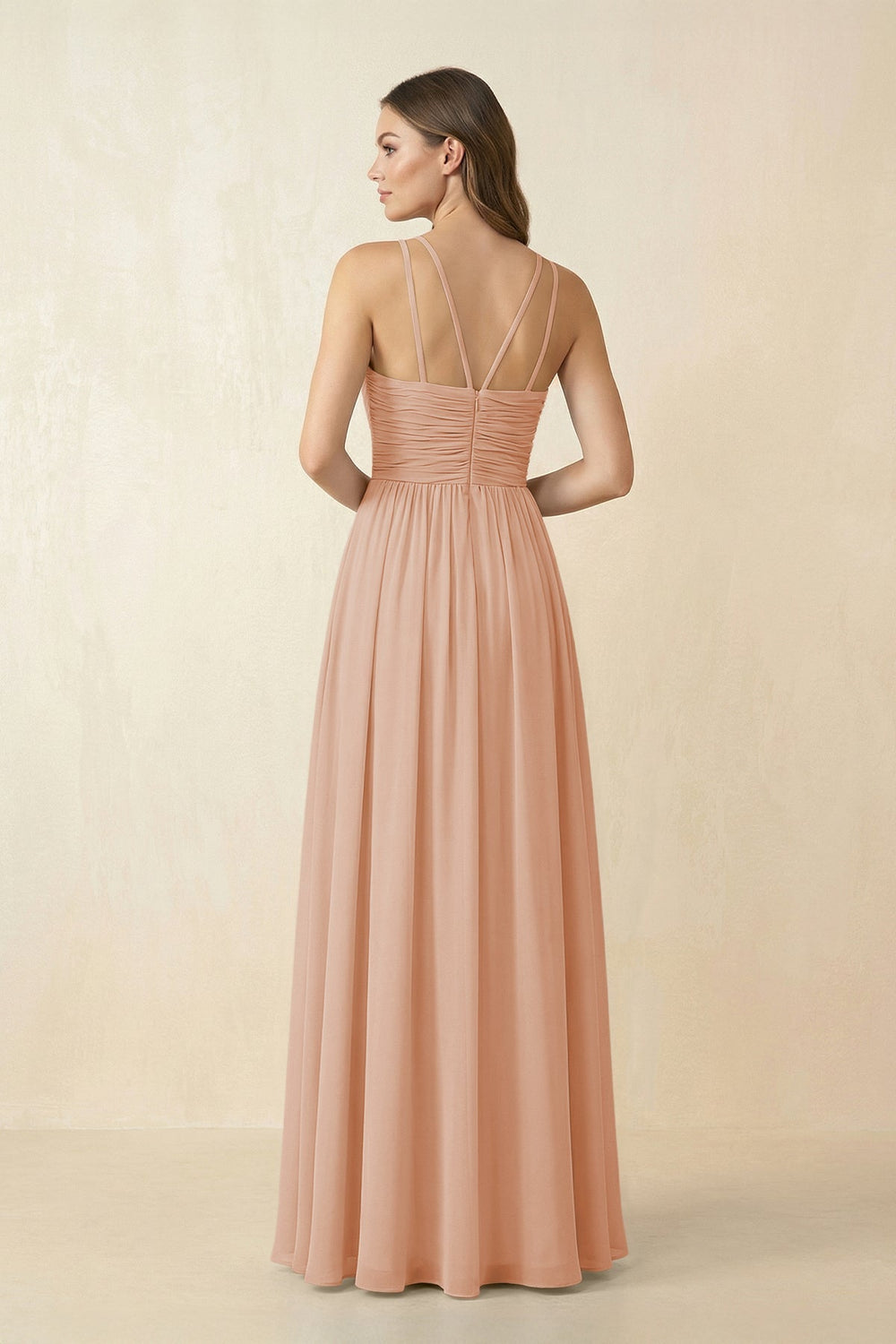 Halter Pleated A - Line Chiffon Bridesmaid Dress in Champagne Rose - KissProm Bridesmaid Dresses