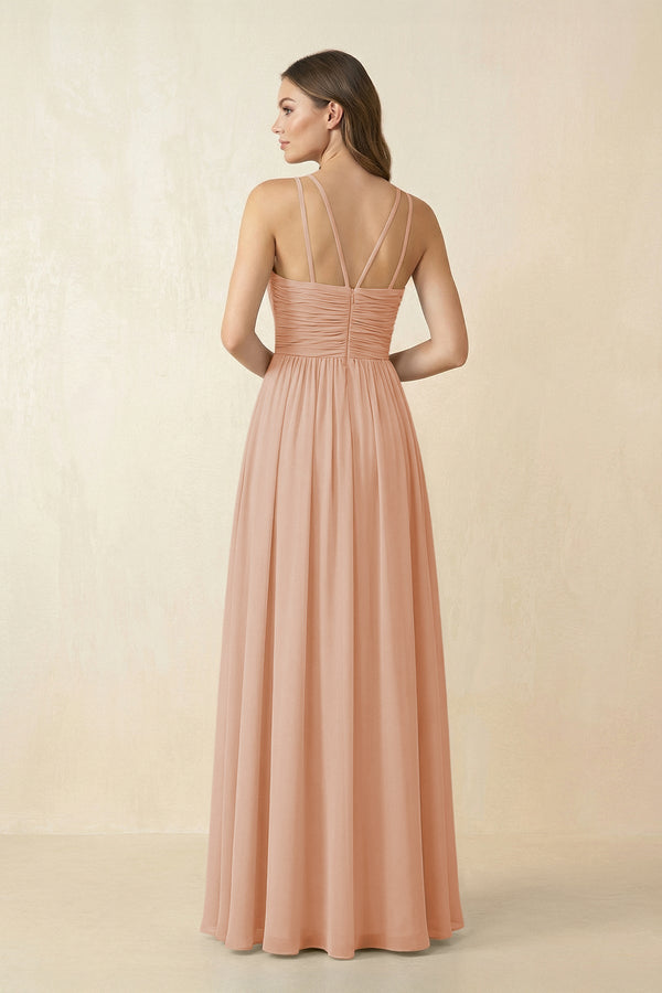Halter Pleated A - Line Chiffon Bridesmaid Dress in Champagne Rose - KissProm Bridesmaid Dresses