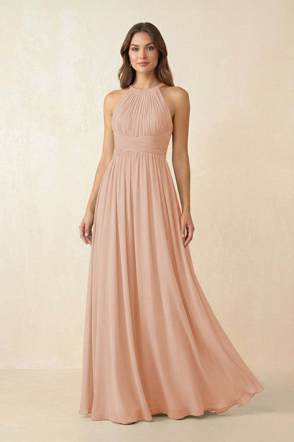 Halter Pleated A - Line Chiffon Bridesmaid Dress in Champagne Rose - KissProm Bridesmaid Dresses