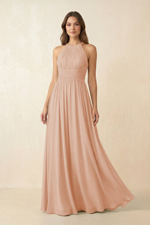 Halter Pleated A - Line Chiffon Bridesmaid Dress in Champagne Rose - KissProm Bridesmaid Dresses