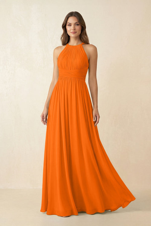 Halter Pleated A - Line Chiffon Bridesmaid Dress in Cinnamon - KissProm Bridesmaid Dresses