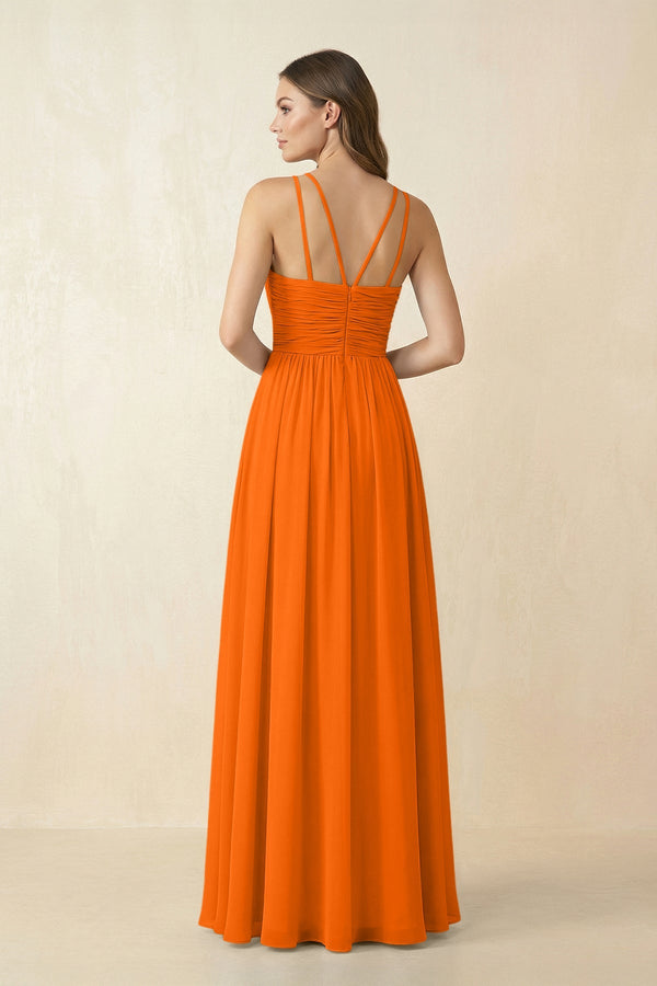 Halter Pleated A - Line Chiffon Bridesmaid Dress in Cinnamon - KissProm Bridesmaid Dresses