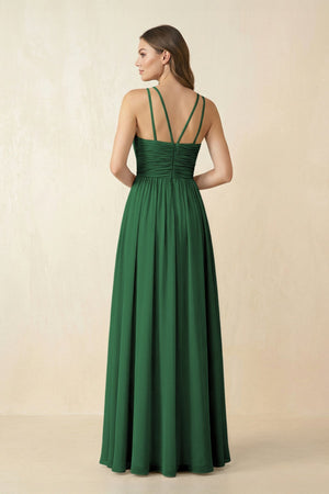 Halter Pleated A - Line Chiffon Bridesmaid Dress in Dark Green - KissProm Bridesmaid Dresses