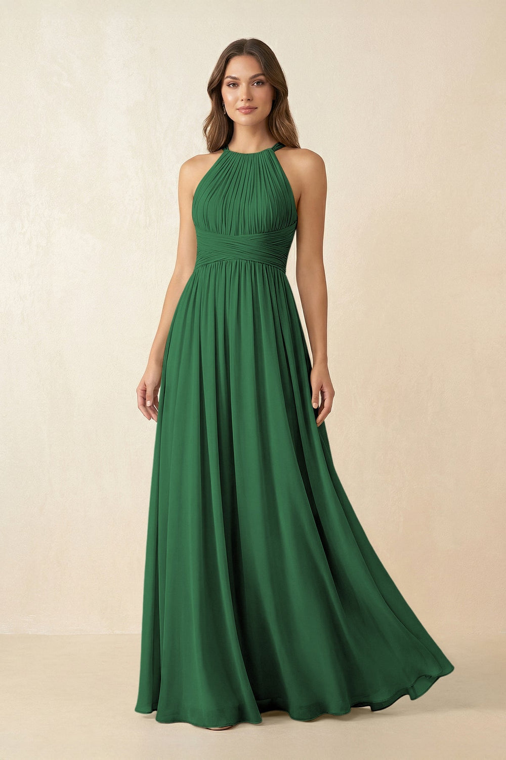 Halter Pleated A - Line Chiffon Bridesmaid Dress in Dark Green - KissProm Bridesmaid Dresses