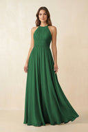 Halter Pleated A - Line Chiffon Bridesmaid Dress in Dark Green - KissProm Bridesmaid Dresses