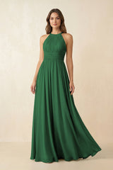 Halter Pleated A - Line Chiffon Bridesmaid Dress in Dark Green - KissProm Bridesmaid Dresses
