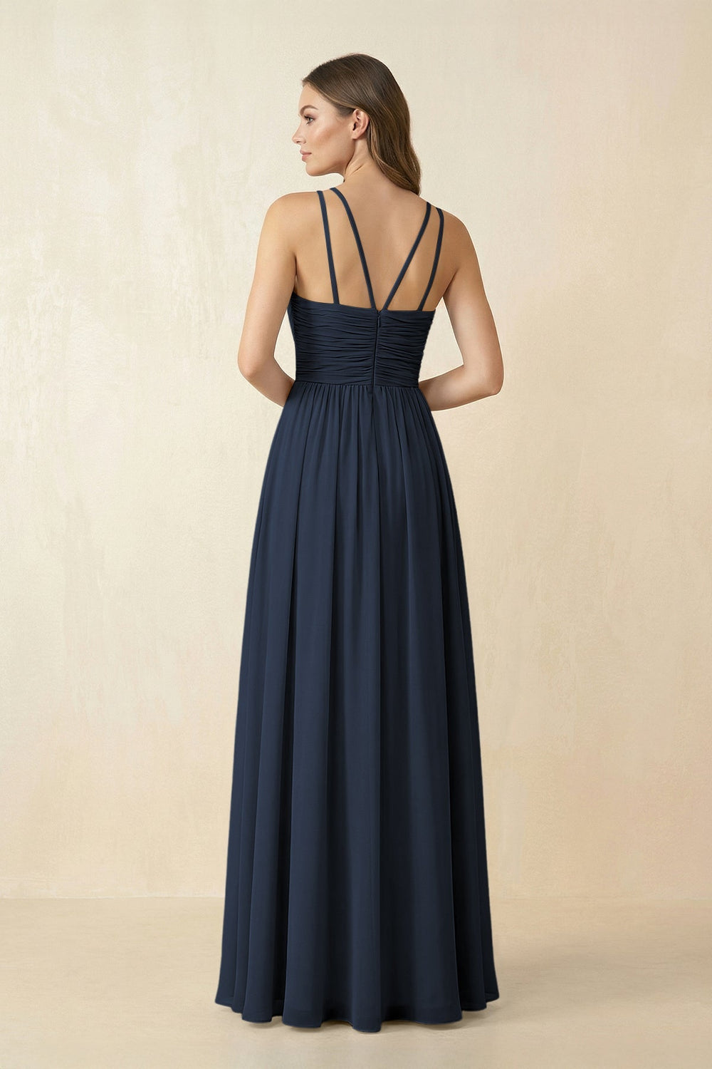 Halter Pleated A - Line Chiffon Bridesmaid Dress in Dark Navy - KissProm Bridesmaid Dresses