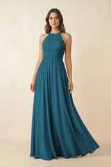 Halter Pleated A - Line Chiffon Bridesmaid Dress in Dark Teal - KissProm Bridesmaid Dresses