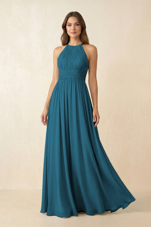 Halter Pleated A - Line Chiffon Bridesmaid Dress in Dark Teal - KissProm Bridesmaid Dresses