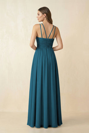 Halter Pleated A - Line Chiffon Bridesmaid Dress in Dark Teal - KissProm Bridesmaid Dresses