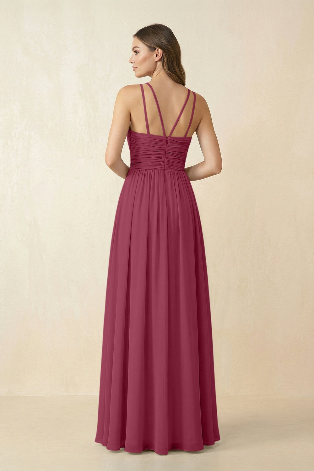 Halter Pleated A - Line Chiffon Bridesmaid Dress in Desert Rose - KissProm Bridesmaid Dresses