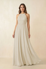 Halter Pleated A - Line Chiffon Bridesmaid Dress in Dove Gray - KissProm Bridesmaid Dresses