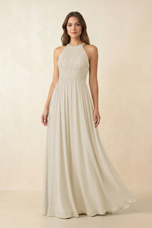 Halter Pleated A - Line Chiffon Bridesmaid Dress in Dove Gray - KissProm Bridesmaid Dresses