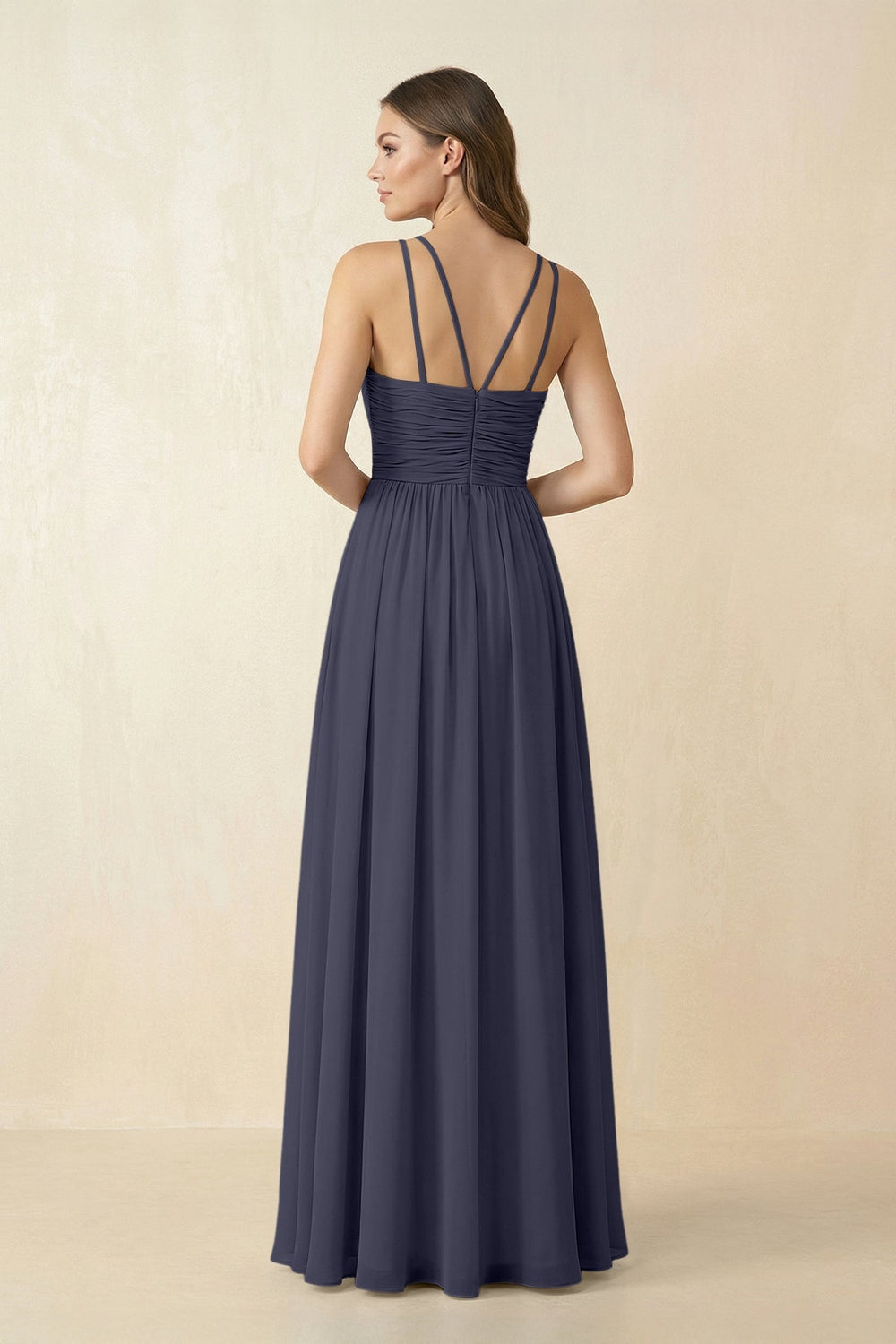 Halter Pleated A - Line Chiffon Bridesmaid Dress in Dusk Blue - KissProm Bridesmaid Dresses