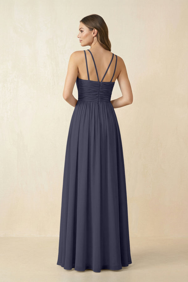 Halter Pleated A - Line Chiffon Bridesmaid Dress in Dusk Blue - KissProm Bridesmaid Dresses
