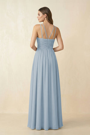 Halter Pleated A - Line Chiffon Bridesmaid Dress in Dusty Blue - KissProm Bridesmaid Dresses