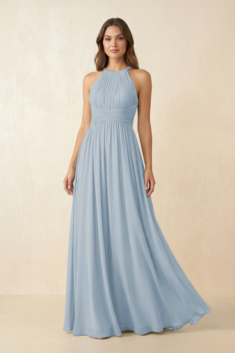 Halter Pleated A - Line Chiffon Bridesmaid Dress in Dusty Blue - KissProm Bridesmaid Dresses