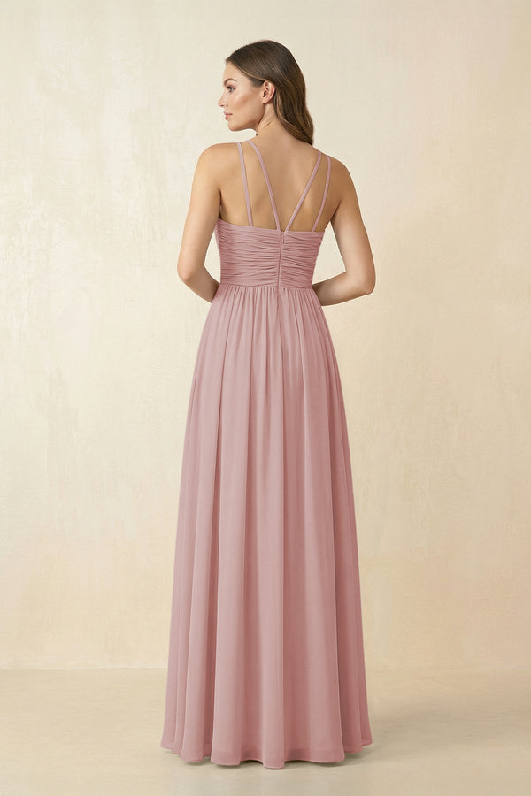 Halter Pleated A - Line Chiffon Bridesmaid Dress in Dusty Rose - KissProm Bridesmaid Dresses