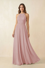 Halter Pleated A - Line Chiffon Bridesmaid Dress in Dusty Rose - KissProm Bridesmaid Dresses