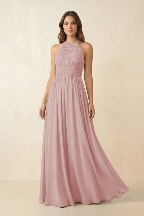 Halter Pleated A - Line Chiffon Bridesmaid Dress in Dusty Rose - KissProm Bridesmaid Dresses