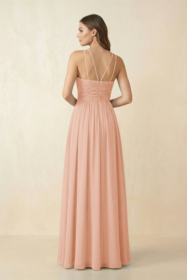 Halter Pleated A - Line Chiffon Bridesmaid Dress in English Rose - KissProm Bridesmaid Dresses