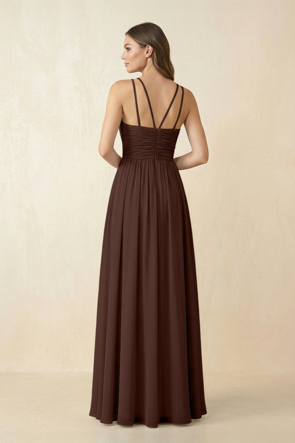 Halter Pleated A - Line Chiffon Bridesmaid Dress in Espresso - KissProm Bridesmaid Dresses