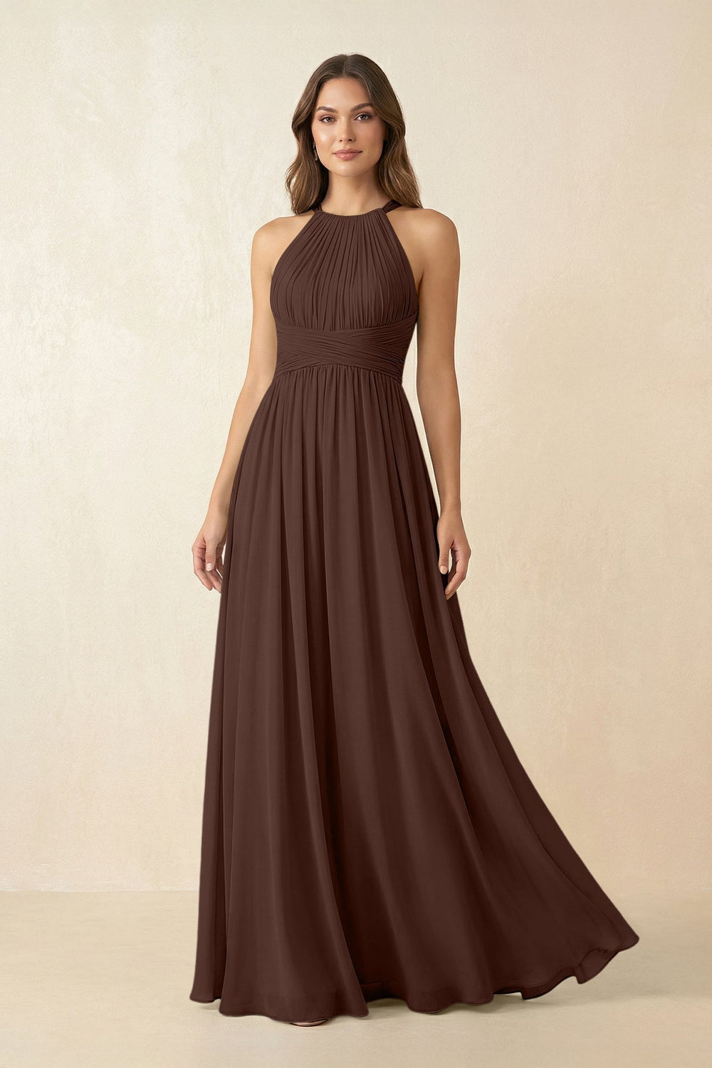 Halter Pleated A - Line Chiffon Bridesmaid Dress in Espresso - KissProm Bridesmaid Dresses