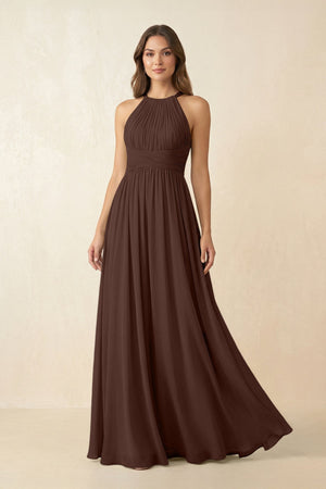 Halter Pleated A - Line Chiffon Bridesmaid Dress in Espresso - KissProm Bridesmaid Dresses