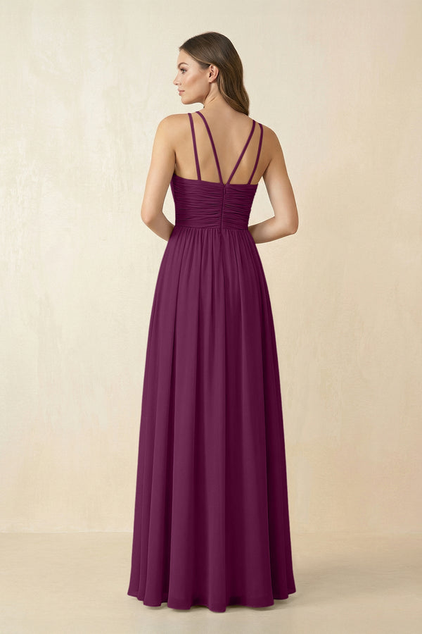 Halter Pleated A - Line Chiffon Bridesmaid Dress in Fig - KissProm Bridesmaid Dresses