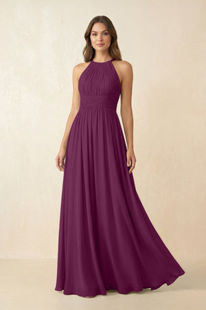 Halter Pleated A - Line Chiffon Bridesmaid Dress in Fig - KissProm Bridesmaid Dresses
