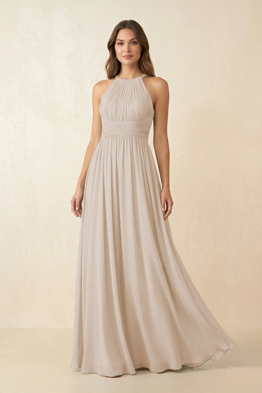 Halter Pleated A - Line Chiffon Bridesmaid Dress in Frost - KissProm Bridesmaid Dresses