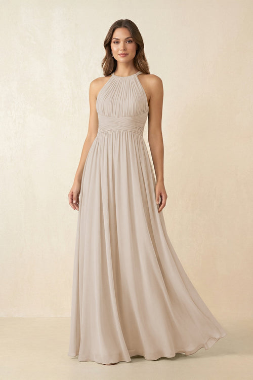 Halter Pleated A - Line Chiffon Bridesmaid Dress in Frost - KissProm Bridesmaid Dresses