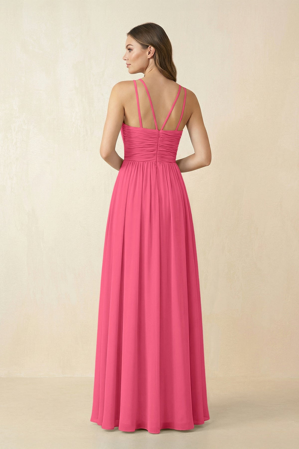 Halter Pleated A - Line Chiffon Bridesmaid Dress in Fuchsia - KissProm Bridesmaid Dresses