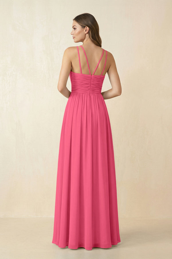 Halter Pleated A - Line Chiffon Bridesmaid Dress in Fuchsia - KissProm Bridesmaid Dresses