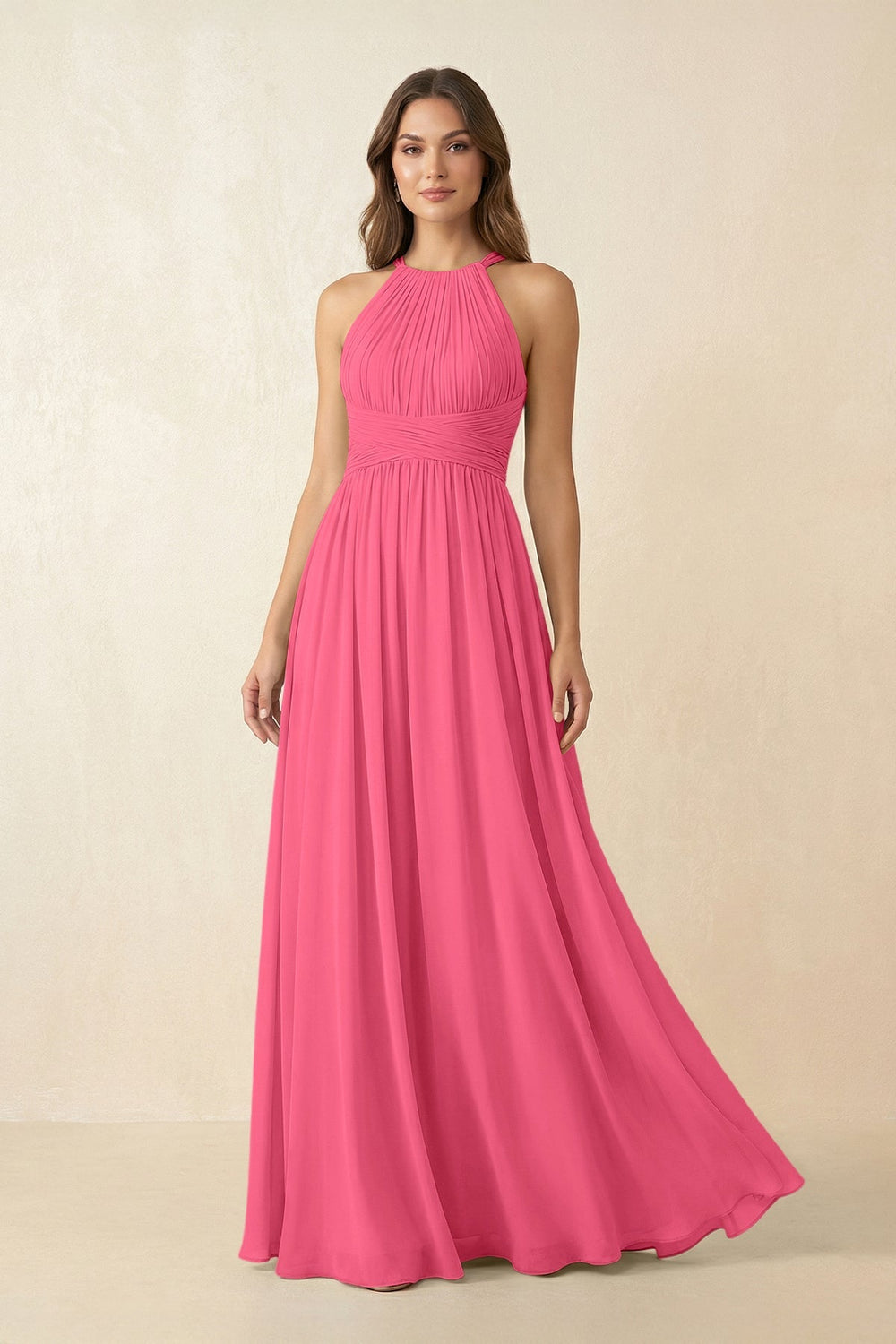 Halter Pleated A - Line Chiffon Bridesmaid Dress in Fuchsia - KissProm Bridesmaid Dresses