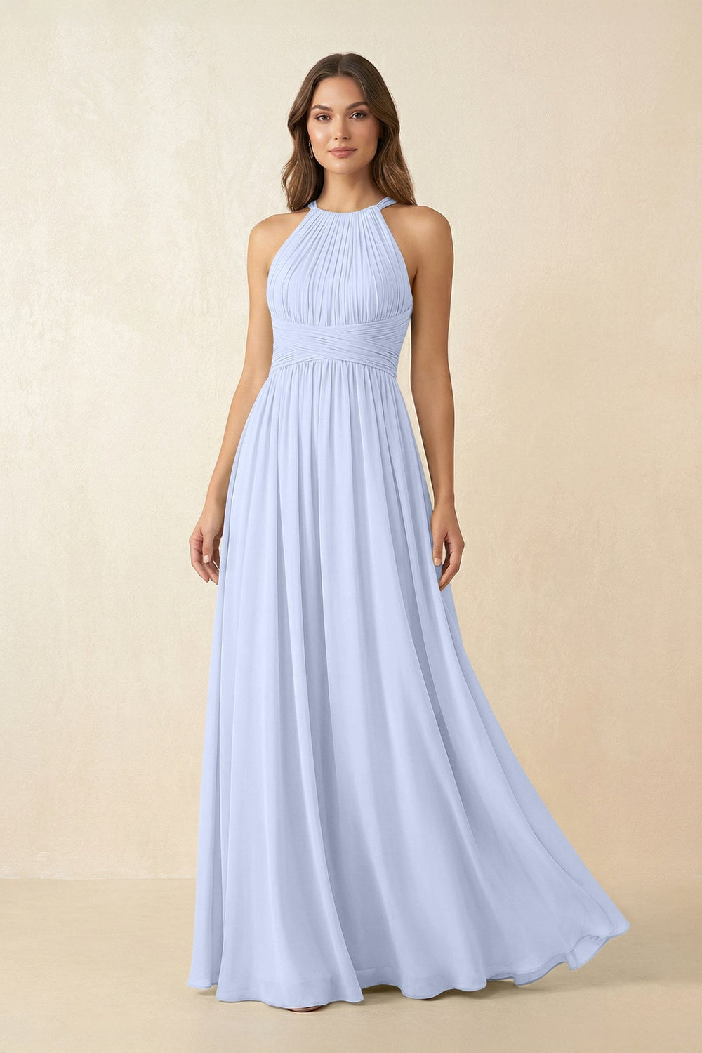 Halter Pleated A - Line Chiffon Bridesmaid Dress in Ice - KissProm Bridesmaid Dresses