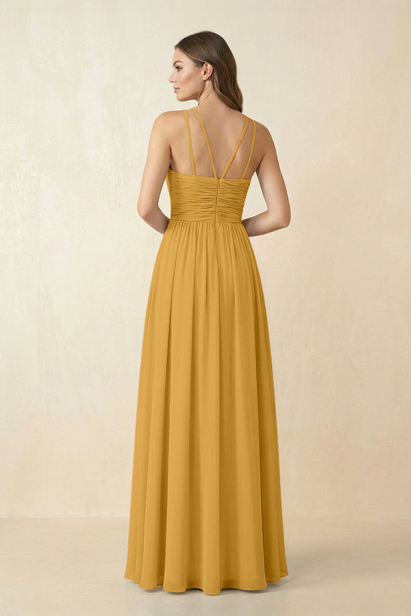 Halter Pleated A - Line Chiffon Bridesmaid Dress in Marigold - KissProm Bridesmaid Dresses