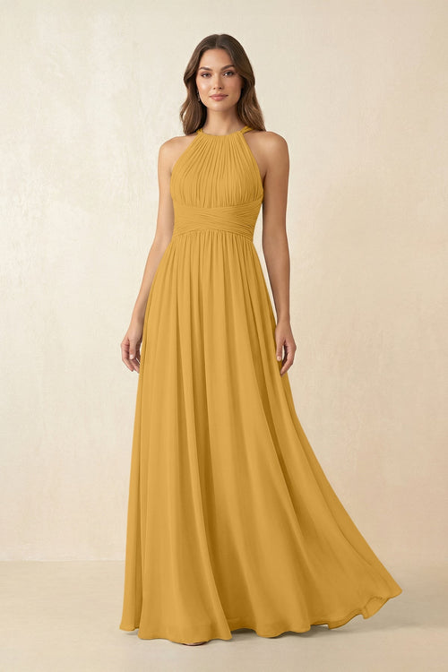 Halter Pleated A - Line Chiffon Bridesmaid Dress in Marigold - KissProm Bridesmaid Dresses
