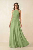 Halter Pleated A - Line Chiffon Bridesmaid Dress in Matcha - KissProm Bridesmaid Dresses