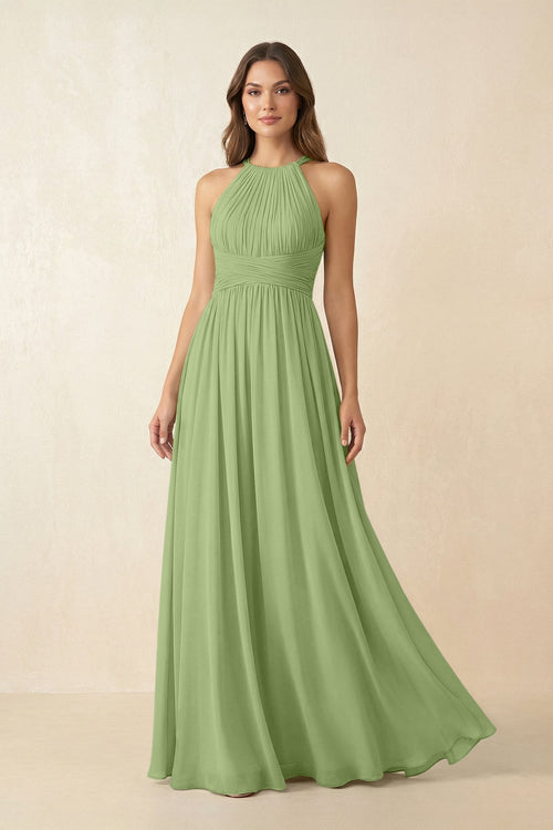Halter Pleated A - Line Chiffon Bridesmaid Dress in Matcha - KissProm Bridesmaid Dresses